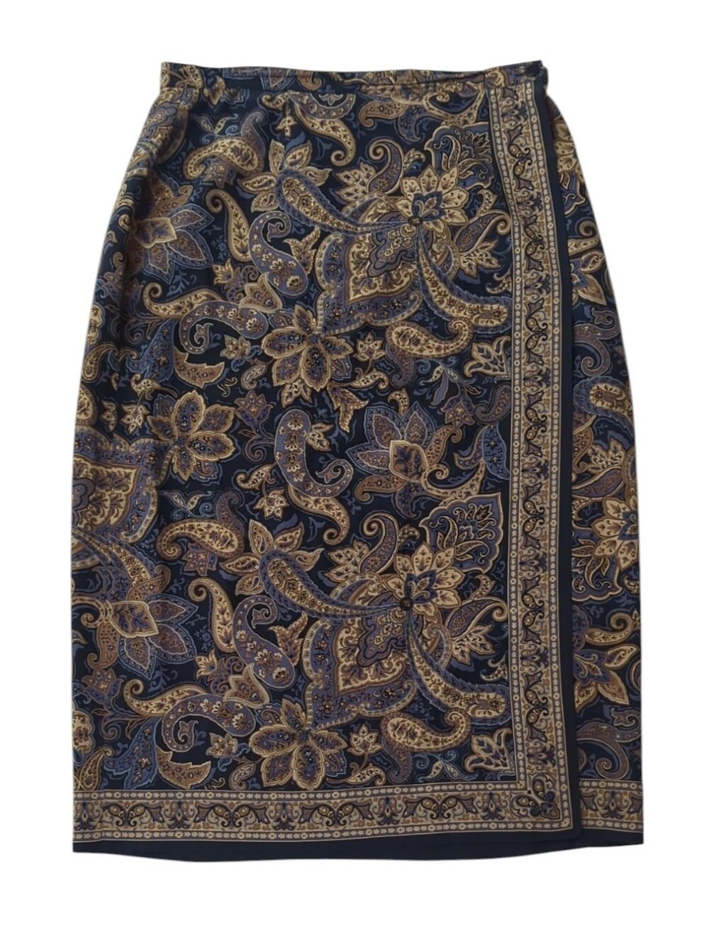 Vintage Talbots Skirt Women Size 14P Silk Brown Blue  Paisley Wrap Midi Lined